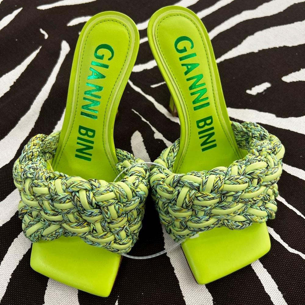 Gianni Bini Green Bibby Woven Leather Corded Square Toe Sandals